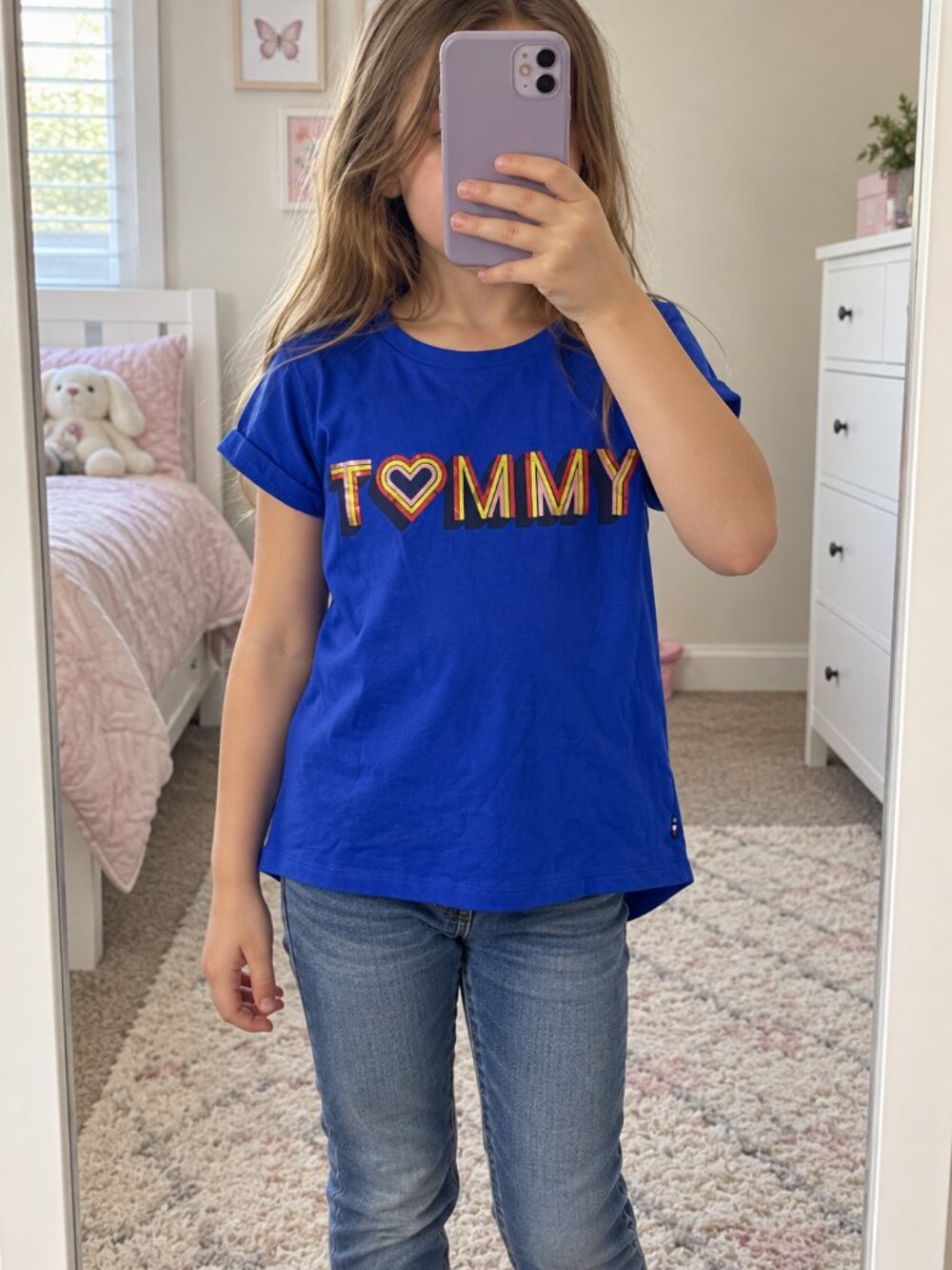 Tommy Hilfiger Girls Blue Graphic T Shirt Size S 7 Short Sleeve Heart Foil Logo